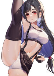 Rule 34 | 1girl, black gloves, black hair, black skirt, black thighhighs, breasts, cameltoe, clenched hand, colored inner hair, crop top, final fantasy, final fantasy vii, final fantasy vii remake, fingerless gloves, gloves, kibanda gohan, large breasts, long hair, looking at viewer, low-tied long hair, miniskirt, multicolored hair, open mouth, panties, red eyes, simple background, skirt, solo, split, standing, standing on one leg, standing split, suspender skirt, suspenders, sweat, tank top, thighhighs, tifa lockhart, underwear, very long hair, white background, white panties, white tank top