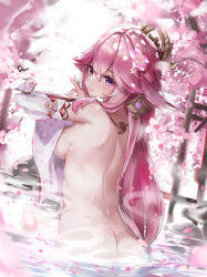 Rule 34 | 1girl, absurdres, ass, bird, blush, breasts, cherry blossoms, chinese commentary, commentary request, detached sleeves, flower, from behind, genshin impact, hair between eyes, hair flaps, hair flower, hair ornament, highres, large breasts, long hair, long sleeves, looking at viewer, looking back, nude, petals, petals on liquid, pink flower, pink hair, purple eyes, scup, smile, solo, very long hair, wading, water, yae miko