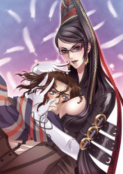 Rule 34 | 1boy, 1girl, bad id, bad pixiv id, bayonetta, bayonetta (series), bayonetta 1, between breasts, black hair, blue eyes, blush, breast smother, breasts, brown hair, carnelian, cleavage, couple, earrings, elbow gloves, face to breasts, feathers, glasses, gloves, hair ribbon, hetero, jewelry, large breasts, lips, lipstick, long hair, looking at breasts, luka redgrave, makeup, mole, mole under mouth, ribbon, scarf, very long hair, white gloves