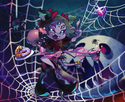 Rule 34 | 1girl, black footwear, black hair, blurry, blurry background, blush, bow, bug, coin, colored skin, cup, dark background, doughnut, extra arms, extra eyes, fangs, food, hair bow, hand up, heart, highres, arthropod girl, liquid, monster girl, muffet, muffet&#039;s pet, open mouth, plate, puffy short sleeves, puffy sleeves, purple skin, red bow, short hair, short sleeves, silk, smile, spider, spider girl, spider web, teacup, teapot, two side up, ukata, undertale