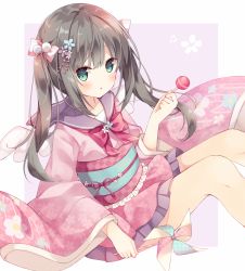 Rule 34 | 1girl, :o, blush, bow, bowtie, brown hair, candy, commentary request, floral print, flower, food, frilled kimono, frills, green eyes, hair bobbles, hair bow, hair flower, hair ornament, hand up, highres, holding, holding candy, holding food, holding lollipop, hoshi (snacherubi), japanese clothes, kimono, lollipop, long hair, long sleeves, looking at viewer, obi, original, parted lips, pink bow, pink kimono, pinwheel, print kimono, purple sailor collar, red bow, red bowtie, sailor collar, sash, short kimono, sidelocks, simple background, sitting, solo, twintails, white wings, wide sleeves, wings