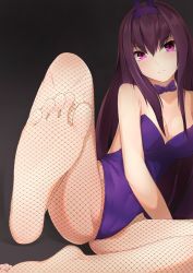 Rule 34 | 1girl, absurdres, bare arms, bare shoulders, breasts, cleavage, collarbone, commentary request, detached collar, eyelashes, fate/grand order, fate (series), feet, fishnet pantyhose, fishnets, foot focus, full body, gradient background, greek toe, hair between eyes, hair ornament, highres, ju yorimoto (ranten yume), leotard, long hair, looking at viewer, medium breasts, no shoes, official alternate costume, pantyhose, playboy bunny, purple eyes, purple hair, purple neckwear, rabbit hair ornament, scathach (fate), scathach (piercing bunny) (fate), shadow, sidelocks, simple background, sitting, skin tight, soles, solo, strapless, toes