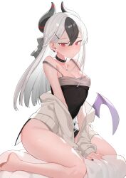 Rule 34 | 1girl, absurdres, black choker, black dress, black hair, black horns, black nails, blue archive, blush, breasts, choker, cleavage, closed mouth, demon horns, dress, ear piercing, grey jacket, hair between eyes, halo, highres, horns, jacket, kayoko (blue archive), kayoko (dress) (blue archive), kururu (qqqqq59508750), long hair, looking at viewer, multicolored hair, official alternate costume, piercing, ponytail, red eyes, simple background, single wing, sitting, solo, studded choker, two-tone hair, wariza, white hair, wings