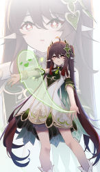 Rule 34 | 1girl, absurdres, ahoge, alternate costume, boo tao (genshin impact), brown hair, cape, commentary, cosplay, detached sleeves, dress, genshin impact, ghost, hair between eyes, hair ornament, highres, hu tao (genshin impact), long hair, looking away, looking up, nahida (genshin impact), nahida (genshin impact) (cosplay), parted lips, pointy ears, qixia, red eyes, short sleeves, sidelocks, symbol-shaped pupils, twintails, white dress, zoom layer