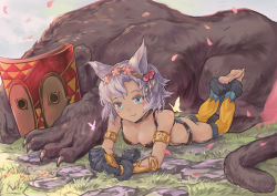 Rule 34 | 1girl, animal ears, animal hands, aqua eyes, arm support, armlet, ass, bare shoulders, barefoot, belt, black scrunchie, blush, breasts, brown belt, bug, butterfly, cat ears, cat paws, character request, cherry blossoms, claws, cleavage, closed mouth, collarbone, colored eyelashes, commentary request, day, detached pants, erune, eyelashes, fantasy, feather hair ornament, feathers, feet up, flower, flower wreath, fur-trimmed pants, fur trim, gloves, gold trim, granblue fantasy, grass, grey hair, grey sky, hair ornament, head wreath, highres, insect, lips, looking at viewer, lying, medium breasts, melleau, monster, muted color, on grass, on ground, on stomach, outdoors, pants, parted bangs, paw gloves, pelvic curtain, petals, pink flower, plantar flexion, raised eyebrows, scrunchie, short hair, sky, smile, soles, tan, the pose, wavy hair, wrist scrunchie, yougenko