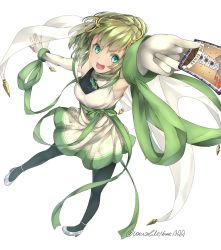 Rule 34 | 1girl, :d, anna mel, aqua eyes, arm up, armpits, bare shoulders, black pantyhose, blunt bangs, blush, breasts, card, detached sleeves, dress, english text, floating hair, from above, full body, green hair, green ribbon, green theme, grey footwear, high heels, highres, holding, holding card, jewelry, legs apart, looking at viewer, magia record: mahou shoujo madoka magica gaiden, mahou shoujo madoka magica, medium breasts, necklace, open mouth, outstretched arm, pantyhose, perspective, pumps, ribbon, shoes, short dress, short hair, simple background, sleeveless, sleeveless dress, smile, smoke, solo, soul gem, standing, standing on one leg, starry sky print, strappy heels, tarot, teeth, the tower (tarot), tower, twitter username, unusablenameaaa, upper teeth only, v-shaped eyebrows, veil, white background, white dress
