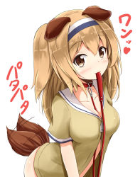 Rule 34 | 10s, 1girl, afterimage, aikawa ryou, animal collar, animal ears, between breasts, blush, breasts, brown eyes, brown hair, brown jacket, cleavage, closed mouth, collar, collarbone, cowboy shot, dog ears, dog lead, dog tail, eyebrows, hairband, heart, highres, i-26 (kancolle), jacket, kantai collection, kemonomimi mode, leaning forward, long hair, medium breasts, motion lines, mouth hold, open clothes, open jacket, short sleeves, short twintails, simple background, smile, solo, standing, tail, tail wagging, tareme, translated, twintails, two side up, white background, zipper