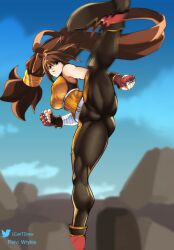 Rule 34 | 1girl, absurdres, brown hair, dnf duel, dungeon and fighter, fighter (dungeon and fighter), fingerless gloves, gloves, highres, kicking, long hair, orange eyes, ponytail, solo, striker (dungeon and fighter)