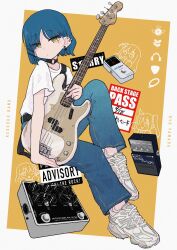 Rule 34 | 1girl, absurdres, bass guitar, black choker, blue hair, bocchi the rock!, character name, choker, closed mouth, commentary request, denim, ear piercing, earrings, fender (company), fender precision bass, full body, gotoh hitori, hair ornament, hairclip, headphones, headphones removed, highres, holding, holding instrument, ijichi nijika, instrument, invisible chair, jeans, jewelry, kita ikuyo, looking at viewer, mole, mole under eye, multiple piercings, o-ring, o-ring choker, pants, piercing, plectrum, shirt, shoes, short hair, short sleeves, simple background, sitting, sneakers, solo, two-tone background, white background, white footwear, white shirt, yamada ryo, yellow background, yellow eyes, yuuho