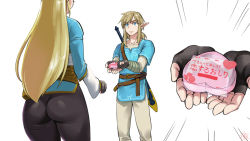 Rule 34 | 1boy, 1girl, ass, blonde hair, blue eyes, emphasis lines, fingerless gloves, from behind, gift, gloves, heart, link, long hair, master sword, monbetsu kuniharu, pants, pointy ears, princess zelda, sword, the legend of zelda, the legend of zelda: breath of the wild, tight clothes, tight pants, valentine, weapon, white background