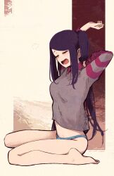 1girl absurdres barefoot blue_panties blush breasts closed_eyes commentary dated grey_shirt highres jill_stingray long_hair medium_breasts midriff one_side_up open_mouth panties purple_hair rnna shirt sidelocks signature sitting solo stretching underwear va-11_hall-a yawning