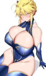 Rule 34 | 1girl, absurdres, arind yudha, artoria pendragon (fate), artoria pendragon (lancer) (fate), bare shoulders, blonde hair, blue gloves, blue leotard, blue thighhighs, blush, breasts, cleavage, closed mouth, covered navel, elbow gloves, fate/grand order, fate (series), gloves, green eyes, hashtag-only commentary, highleg, highleg leotard, highres, huge breasts, leotard, looking at viewer, medium hair, sidelocks, simple background, sitting, solo, thighhighs, thighs, white background