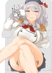 Rule 34 | 10s, 1girl, armchair, beret, breasts, chair, crossed legs, epaulettes, female focus, gachou, gloves, grey eyes, grey hair, hat, kantai collection, kashima (kancolle), large breasts, looking at viewer, military, military uniform, miniskirt, no panties, sitting, skirt, solo, translated, twintails, uniform, white gloves