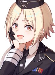 Rule 34 | 1girl, :d, absurdres, black gloves, black jacket, black necktie, blonde hair, brown eyes, commentary, commission, english commentary, garrison cap, girls&#039; frontline, gloves, half gloves, hand on own face, hat, highres, jacket, long sleeves, looking at viewer, military, military hat, military uniform, mp40 (girls&#039; frontline), necktie, open mouth, pixiv commission, ribbon bar, shirt, short hair, simple background, smile, solo, uniform, yotsuyama (yomo8ama)