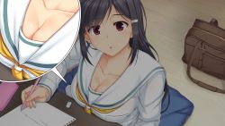 Rule 34 | 1girl, bag, black hair, blush, breast pocket, breasts, brown eyes, character request, cleavage, collarbone, eraser, game cg, hair ornament, hairclip, holding, large breasts, long hair, long sleeves, looking at viewer, miyai sen, neckerchief, open mouth, paper, pen, pocket, school bag, school uniform, serafuku, shirt, sitting, solo, source request, timeleap sex endless, white shirt, writing, yellow neckerchief