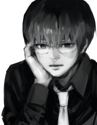 Rule 34 | 1boy, black reaper, collared shirt, glasses, grey background, greyscale, hand up, kaneki ken, long sleeves, male focus, monochrome, necktie, shiromi (ringo), shirt, simple background, solo, tokyo ghoul, tokyo ghoul:re