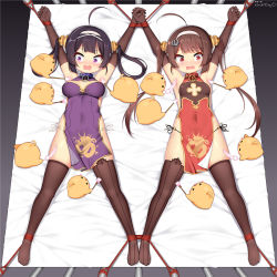 Rule 34 | 2girls, = =, @ @, ahoge, animal, armpits, arms up, artist name, asymmetrical legwear, azur lane, bare shoulders, bdsm, bird, black eyes, black gloves, black hair, black legwear, black panties, blank eyes, blush, blush stickers, bondage, bound, bound ankles, bound wrists, breasts, breasts apart, brown hair, brush, china dress, chinese clothes, cleavage cutout, closed eyes, clothing cutout, collar, covered navel, dragon print, dress, elbow gloves, fang, feathers, female focus, from above, full body, gloves, hair ornament, hair rings, hairband, half-closed eyes, holding, holding brush, holding feather, holding hands, huoji (wonderturkey), interlocked fingers, long hair, looking to the side, lying, manjuu (azur lane), medium breasts, mismatched legwear, multiple girls, ning hai (azur lane), nose blush, o-ring, o-ring bottom, o-ring panties, on back, on bed, open mouth, outstretched arms, panties, pelvic curtain, ping hai (azur lane), purple dress, purple eyes, raised eyebrows, red dress, red eyes, rope, see-through, side-tie panties, side slit, sidelocks, signature, skin fang, skindentation, sleeveless, sleeveless dress, small breasts, spread legs, string panties, symmetry, tears, thighhighs, twintails, underwear, white background, white hairband, white panties, wide-eyed