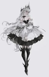 Rule 34 | 1girl, albino, armored boots, black bow, boots, bow, braid, choker, collarbone, crown, detached sleeves, full body, grey background, grey theme, highres, long hair, looking to the side, original, pale skin, parted lips, puffy sleeves, red eyes, simple background, solo, vlfdus 0, white hair, white theme
