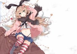 Rule 34 | 10s, 1girl, arm up, black panties, black scarf, boots, bow, green eyes, hair bow, hair ribbon, hairband, highleg, highleg panties, jacket, k rough, kantai collection, leg up, light brown hair, long hair, lying, microskirt, midriff, navel, on back, open mouth, panties, pleated skirt, ribbon, scarf, shimakaze (kancolle), skindentation, skirt, sleeves past wrists, solo, star (symbol), striped clothes, striped thighhighs, thighhighs, underwear