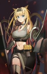 Rule 34 | 1girl, absurdres, animal ears, arknights, bare shoulders, black hairband, blonde hair, blue eyes, breasts, choker, cleavage, commentary, cowboy shot, crop top, dra (dhra a), hairband, highres, horn (arknights), jewelry, large breasts, long hair, looking at viewer, midriff, navel, necklace, off shoulder, solo, standing, stomach, thighs, very long hair, wolf ears