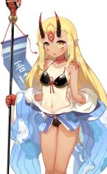 Rule 34 | 1girl, bad id, bad pixiv id, bare shoulders, bikini, bikini under clothes, black bikini, blonde hair, blue kimono, breasts, chestnut mouth, facial mark, fang, fate/grand order, fate (series), fingernails, forehead mark, front-tie bikini top, front-tie top, highres, holding, horns, ibaraki douji (fate), ibaraki douji (fate/grand order), ibaraki douji (swimsuit lancer) (fate), ibaraki douji (swimsuit lancer) (first ascension) (fate), japanese clothes, jehyun, kimono, long fingernails, long hair, navel, off shoulder, one-piece tan, oni, oni horns, parted lips, pointy ears, simple background, small breasts, solo, standing, swimsuit, tan, tanline, very long hair, white background
