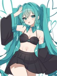 Rule 34 | 1girl, absurdres, alternate costume, aqua background, aqua bow, aqua collar, aqua eyes, aqua hair, arm tattoo, armpit peek, bare shoulders, black bra, black skirt, black sleeves, blue background, blue bow, blue collar, blue eyes, blue hair, blush, bow, bow bra, bra, breasts, check clothing, cleavage, coco irasuto, collar, collarbone, commentary request, cowboy shot, detached collar, detached sleeves, eyelashes, hair between eyes, hand on own head, hatsune miku, heart, highres, long hair, long sleeves, looking at viewer, midriff, navel, number tattoo, open mouth, pleated skirt, skirt, small breasts, solo, standing, stomach, sweat, tattoo, transparent background, twintails, two-tone background, underwear, very long hair, vocaloid, wide sleeves
