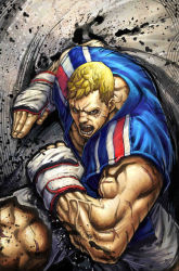 Rule 34 | 1boy, abel (street fighter), blonde hair, capcom, fighting stance, fingerless gloves, france, french text, gloves, jersey, male focus, muscular, scar, shorts, solo, street fighter, street fighter iv (series)