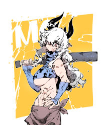 Rule 34 | 1girl, breasts, closed mouth, club (weapon), cowboy shot, detached sleeves, hair over one eye, highres, holding, holding weapon, horns, large breasts, long hair, looking at viewer, multiple horns, pointy ears, solo, ssambatea, the god of high school, uma (the god of high school), underboob, weapon, white hair, wide-eyed