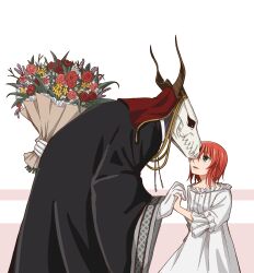 Rule 34 | 1boy, 1girl, absurdres, animal head, animal skull, black cloak, bouquet, cloak, delfuze, dress, elias ainsworth, eye contact, flower, from side, hatori chise, height difference, highres, holding, holding bouquet, holding flower, horns, interspecies, leaning forward, long sleeves, looking at another, mahou tsukai no yome, red flower, skull head, smile, white dress, wide sleeves