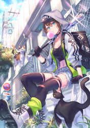 Rule 34 | 1girl, absurdres, arm support, backpack, bag, baseball bat, baseball cap, black choker, black gloves, black headwear, black shirt, black thighhighs, blue eyes, blue sky, breasts, brown hair, carrying over shoulder, cat, chain-link fence, choker, cleavage, clothes writing, cloud, collarbone, commentary request, crop top, cutoffs, day, denim, denim shorts, earrings, fence, fish, full body, glint, gloves, grey jacket, hair between eyes, hat, highres, holding, holding bag, holding baseball bat, hood, hood up, hooded jacket, jacket, jewelry, large breasts, light rays, looking at viewer, midriff, navel, on railing, open clothes, open jacket, original, overhead line, power lines, railing, road sign, shirt, shoes, shopping bag, short hair, short shorts, shorts, sidelocks, sign, sitting, sky, sleeves rolled up, solo focus, sunbeam, sunlight, suzaku (zaku6584), thighhighs, torn clothes, torn legwear, white footwear