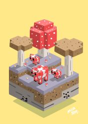 Rule 34 | absurdres, animal, animal focus, block (minecraft), block (object), calf (animal), chinese commentary, commentary request, cow, creature, highres, horns, isometric, low poly, milk jelly (milkjellyrex), minecraft, minecraft (style), mooshroom, mushroom, no humans, no lineart, official style, outdoors, shadow, signature, simple background, yellow background