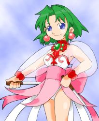 Rule 34 | 1990s (style), 1girl, armpits, blue background, blue eyes, bow, choker, dagger, earrings, ellis (toushinden), green hair, holding, holding dagger, holding knife, holding weapon, jewelry, knife, leotard, panties, pantyshot, pink bow, retro artstyle, ribbon, see-through, see-through sleeves, short hair, skirt, smile, solo, toushinden, underwear, upskirt, weapon, white leotard, white panties, wrist cuffs