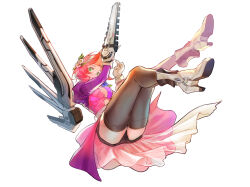 Rule 34 | 1girl, absurdres, alisa boskonovich, android, black shorts, black thighhighs, boots, breasts, chainsaw, cleavage, flower, full body, gloves, green eyes, hair flower, hair ornament, highres, jacket, looking at viewer, medium breasts, medium hair, pink hair, pink jacket, robot, shorts, simple background, solo, suvin (mononochi), tekken, thighhighs, white background, white flower, white footwear, white gloves, wings