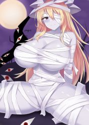 Rule 34 | 1girl, absurdres, alternate skin color, areola slip, bandage over one eye, bandages, bat (animal), blush, breasts, bright pupils, closed mouth, colored skin, covered erect nipples, full moon, gap (touhou), groin, hair between eyes, halloween costume, hat, highres, huge breasts, long hair, looking at viewer, mob cap, moon, mummification, mummy costume, naked bandage, navel, pale skin, pink pupils, purple eyes, purple skin, purple sky, red eyes, shiny skin, skindentation, sky, smile, solo, spread legs, thighs, touhou, very long hair, white hat, wuwusan, yakumo yukari