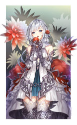 Rule 34 | 1girl, apple, bare shoulders, blood, blood on clothes, border, commentary request, dated, dhkdldpa, elbow gloves, flower, food, fruit, gauntlets, gloves, grey eyes, md5 mismatch, open mouth, resolution mismatch, rose, showgirl skirt, sinoalice, snow white (sinoalice), solo, source smaller, thighhighs, white border, white hair