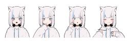 Rule 34 | 1girl, :&gt;, :d, :t, absurdres, animal ear fluff, animal ears, black collar, blue eyes, blue hair, blush, closed eyes, closed mouth, collar, commentary request, cropped torso, drawstring, eating, facing viewer, fang, grey hair, grey hoodie, hair ornament, hairclip, highres, holding, holding spoon, hood, hood down, hoodie, long sleeves, looking at viewer, mayogii, multicolored hair, multiple views, open mouth, original, parted lips, simple background, sleeves past wrists, smile, spoon, streaked hair, sweat, triangle mouth, upper body, wavy mouth, white background