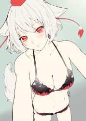 Rule 34 | 1girl, animal ears, blush, bra, breasts, commentary request, cowboy shot, dated, gradient background, grey background, hair between eyes, hat, head tilt, heart, highres, inubashiri momiji, mayonaka taruho, medium breasts, multicolored bra, multicolored clothes, multicolored panties, panties, pom pom (clothes), red eyes, short hair, solo, spoken heart, standing, stomach, thighs, tokin hat, touhou, underwear, unfinished, white hair, wolf ears
