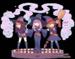 Rule 34 | &gt; &lt;, 10s, 3girls, animated, animated gif, brown hair, closed eyes, female focus, freckles, full body, hair over one eye, hat, kagari atsuko, little witch academia, long hair, lotte jansson, lowres, multiple girls, orange hair, pink hair, short hair, smile, standing, sucy manbavaran, thighs, tongue, tongue out, witch hat