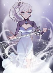Rule 34 | 1girl, bad id, bad twitter id, blue eyes, breasts, cleavage, ecru, glyph, holding, holding sword, holding weapon, myrtenaster, ponytail, rapier, rwby, scar, scar across eye, scar on face, solo, sword, weapon, weiss schnee, white hair