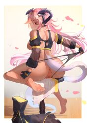 Rule 34 | 1girl, antemaria (shadowverse), ass, barefoot, boots, feet, highres, light blush, long hair, looking back, madai mao monu, pink eyes, pink hair, pussy, shadowverse, shoes, soles, steam, tail, toes, unworn boots, unworn shoes