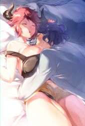 Rule 34 | 1boy, 1girl, absurdres, bare shoulders, bed, between breasts, black shirt, blue hair, breasts, bursting breasts, closed eyes, cow girl, cow horns, drang (granblue fantasy), eno yukimi, hand on another&#039;s head, hetero, highres, horns, hug, huge breasts, lying, open mouth, pointy ears, red hair, shiny skin, shirt, short hair, shorts, sidelocks, skindentation, sleeveless, sturm (granblue fantasy), white shirt