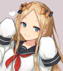 Rule 34 | 1girl, abigail williams (fate), alternate costume, bao (s 888), black bow, black sailor collar, blonde hair, blue eyes, blush, bow, closed mouth, commentary request, fate/grand order, fate (series), forehead, grey background, hair bow, hands up, heart, highres, long hair, long sleeves, neckerchief, orange bow, parted bangs, polka dot, polka dot bow, red neckerchief, sailor collar, school uniform, serafuku, simple background, sleeves past fingers, sleeves past wrists, smile, solo, upper body