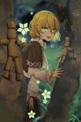 Rule 34 | 1girl, blonde hair, brown shirt, brown skirt, chinese commentary, commentary request, detached sleeves, frilled sleeves, frills, glowing, glowing eye, green eyes, highres, kouzidaren, looking at viewer, mizuhashi parsee, open mouth, scarf, shirt, short hair, short sleeves, skirt, smile, solo, straw doll, touhou, white scarf, white sleeves