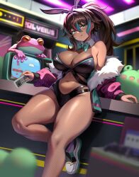 Rule 34 | 1girl, animal ears, aqua jacket, arcade cabinet, bare shoulders, black leotard, blue hair, blurry, blurry background, blurry foreground, breasts, brown hair, bunny day, cleavage, closed mouth, controller, curvy, dark-skinned female, dark skin, earrings, fake animal ears, fishnet pantyhose, fishnets, frog, fur-trimmed jacket, fur trim, gad the god, game controller, highres, holding, holding controller, holding game controller, jacket, jewelry, large breasts, leotard, long hair, mario, mario (series), multicolored footwear, multicolored hair, neon harper, nintendo, pantyhose, pink hair, pink sleeves, playboy bunny, ponytail, rabbit ears, second-party source, see-through, see-through leotard, shoes, solo, streaked hair, super mario bros. 1, television, thick thighs, thighs, virtual youtuber, wide hips, yellow eyes