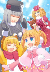 Rule 34 | 00s, 5girls, alternate costume, animal ears, bad id, bad pixiv id, beatrice (umineko), blonde hair, blue eyes, bow, breasts, dress, drill hair, closed eyes, gaap (umineko), hime cut, jairo, long hair, medium breasts, multiple girls, pink bow, sakutarou (umineko), scarf, sideboob, silver hair, snow, snowball, time paradox, umineko no naku koro ni, ushiromiya beatrice, ushiromiya maria, virgilia (umineko), winter, aged down