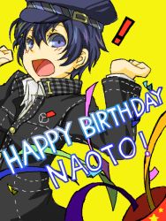 Rule 34 | !, 1girl, androgynous, atlus, birthday, blue eyes, blue hair, cabbie hat, confetti, female focus, hat, open mouth, persona, persona 4, reverse trap, shirogane naoto, solo, surprised, tegaki