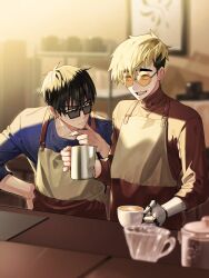 Rule 34 | 2boys, apron, black eyes, black hair, blonde hair, blue shirt, brown apron, closed mouth, coffee cup, cowboy shot, cup, disposable cup, earrings, gaeha is, hand on own chin, highres, holding, holding cup, indoors, jewelry, long sleeves, male focus, mole, mole under eye, multiple boys, nicholas d. wolfwood, open mouth, prosthesis, prosthetic arm, red shirt, round eyewear, shirt, short hair, single earring, smile, standing, stroking own chin, sunglasses, sweatdrop, table, trigun, trigun stampede, undercut, vash the stampede