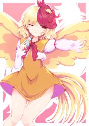 Rule 34 | 1girl, ;o, animal, animal on head, bird, bird on head, blonde hair, border, chick, dress, highres, holding, long sleeves, looking at viewer, multicolored hair, niwatari kutaka, on head, one eye closed, open mouth, orange dress, outline, pink background, red eyes, red hair, shirt, short hair, thigh gap, thighs, tomoe (fdhs5855), touhou, sunken fossil world, two-tone hair, whistle, white border, white outline, white shirt, yellow wings