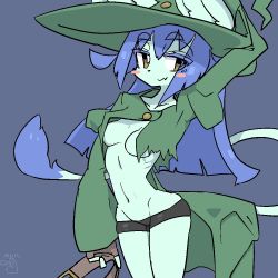 Rule 34 | 1girl, cat, furry, furry female, hat, long hair, purple hair, short hair, short pants, solo, the amboina, witch hat, yellow eyes