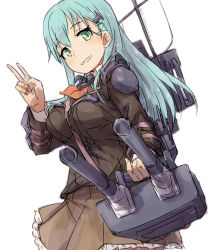 Rule 34 | 1girl, adapted turret, alchera, aqua eyes, aqua hair, ascot, between breasts, blazer, breasts, brown jacket, brown skirt, cannon, cowboy shot, grin, hair ornament, hairclip, jacket, kantai collection, large breasts, long hair, looking at viewer, machinery, pleated skirt, school uniform, simple background, skirt, smile, solo, strap between breasts, suzuya (kancolle), turret, v, white background